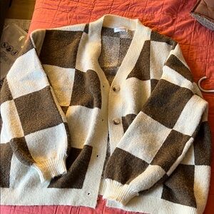 Brown and Cream Checkered Women's Sweater